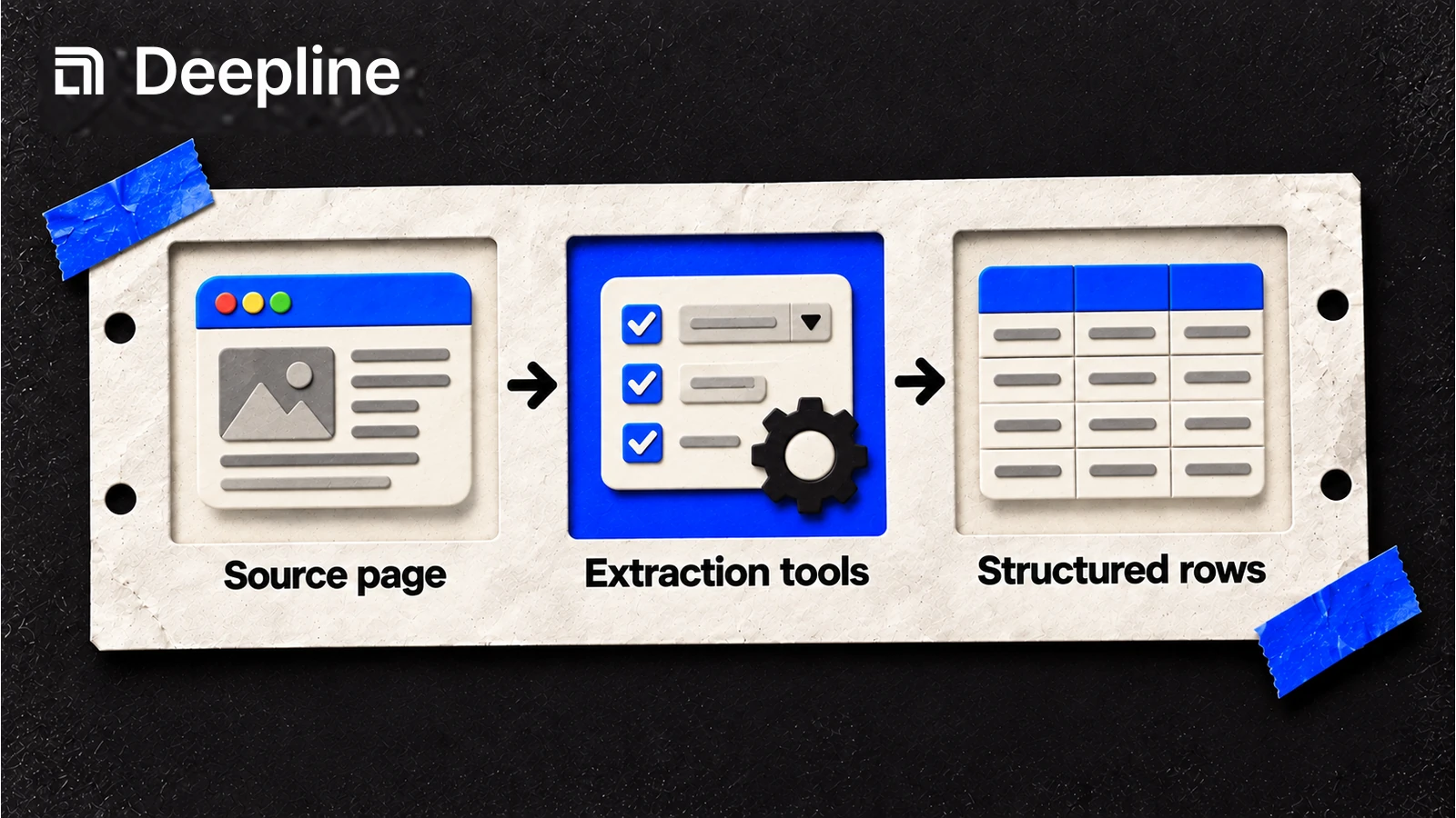 A source page passes through extraction tools into structured rows.